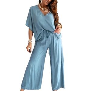 Pants Set Half Sleeve V-Neck Top & Wide Leg Pants